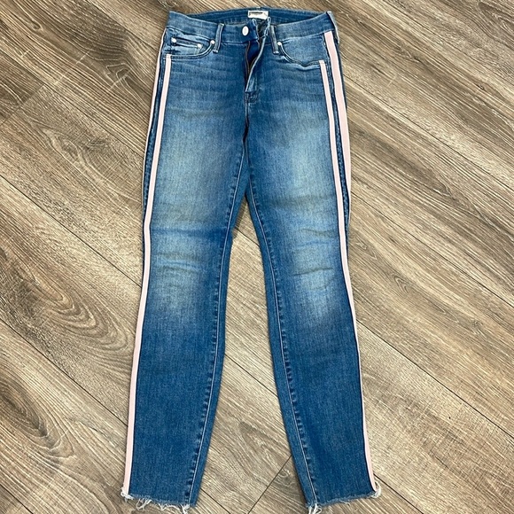 Mother The Looker Ankle Fray Thunderstruck Racer Pink Stripe Skinny Jeans 25 - Picture 3 of 10